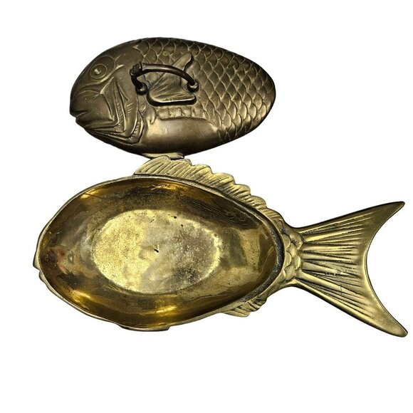 Vintage LARGE Brass Fish-Shaped Bowl Lid Trinket Holder Made Hong Kong 7.8 lbs - Picture 7 of 14